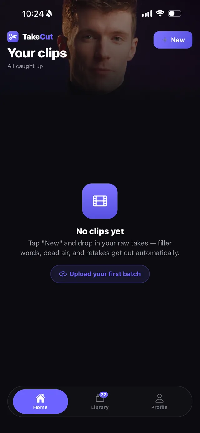 TakeCut home screen showing a library of edited clips